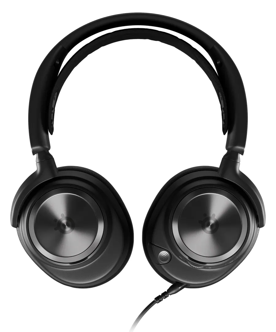A black SteelSeries Arctis Nova Pro headset shown from the front, with a visible cable and microphone.