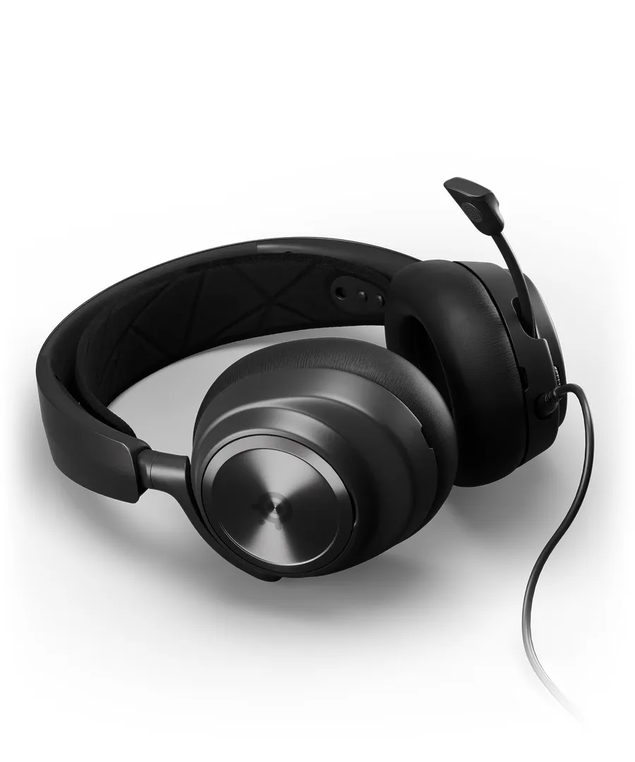 A side profile of a black SteelSeries Arctis Nova Pro headset with a microphone.
