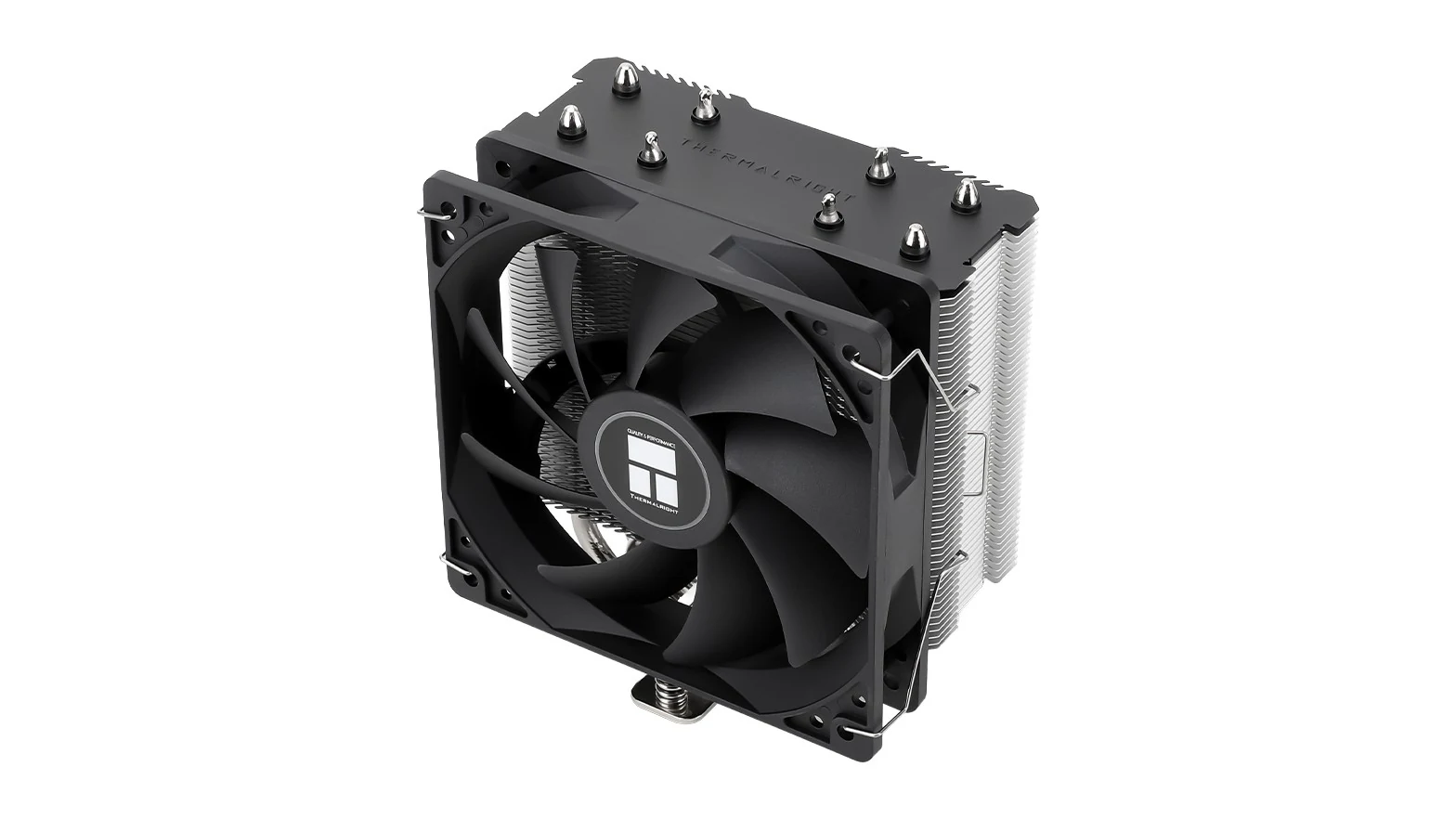 A black and silver CPU cooler with a large fan in the center, viewed from a three-quarter angle.