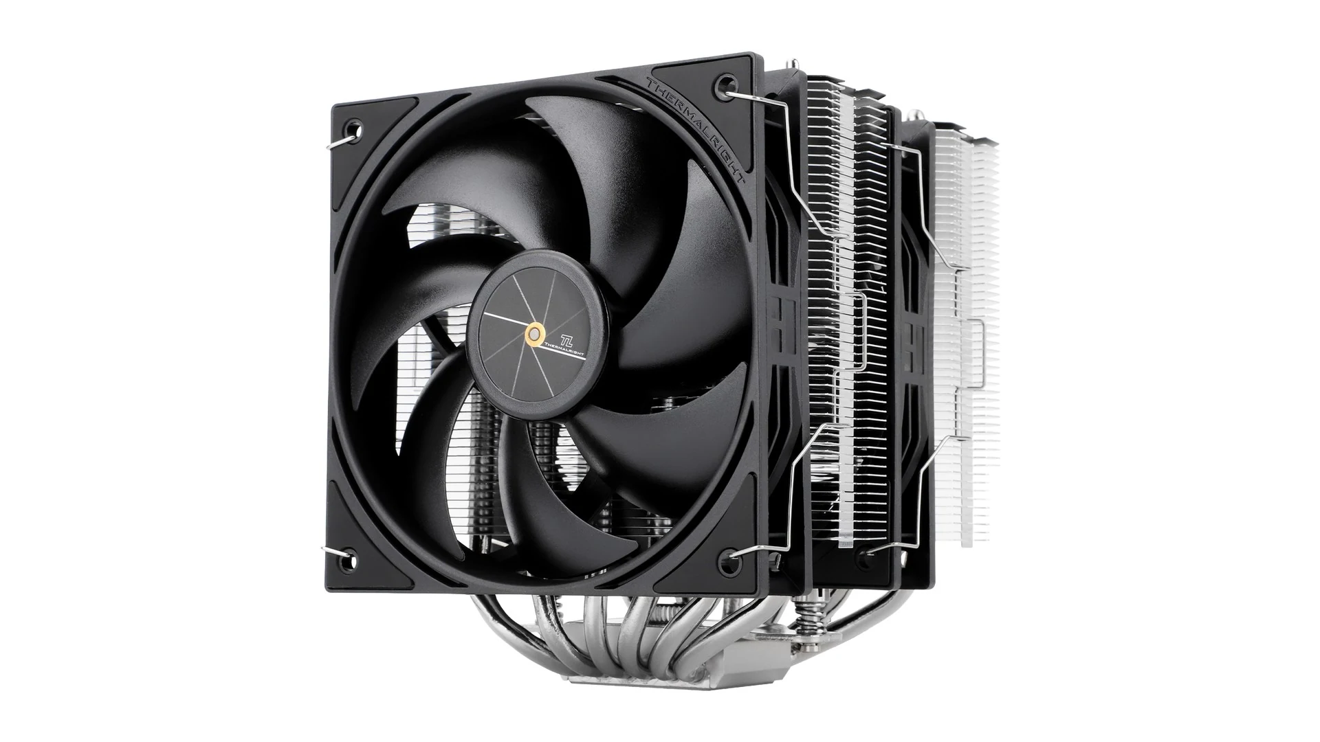 The product is a black CPU cooler with a large fan and heat pipes, photographed from the front.