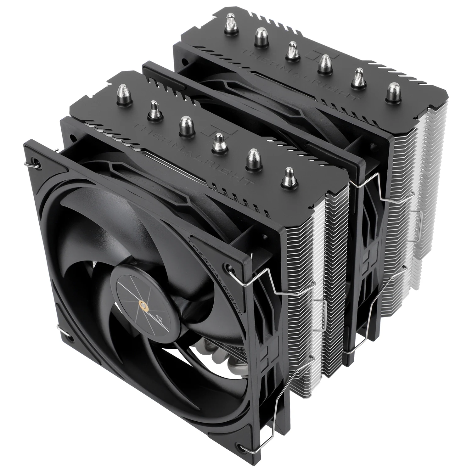 The image shows a black and silver cooling product with multiple fins, a fan at the front, and the brand name 'THERMALRIGHT' printed on it.