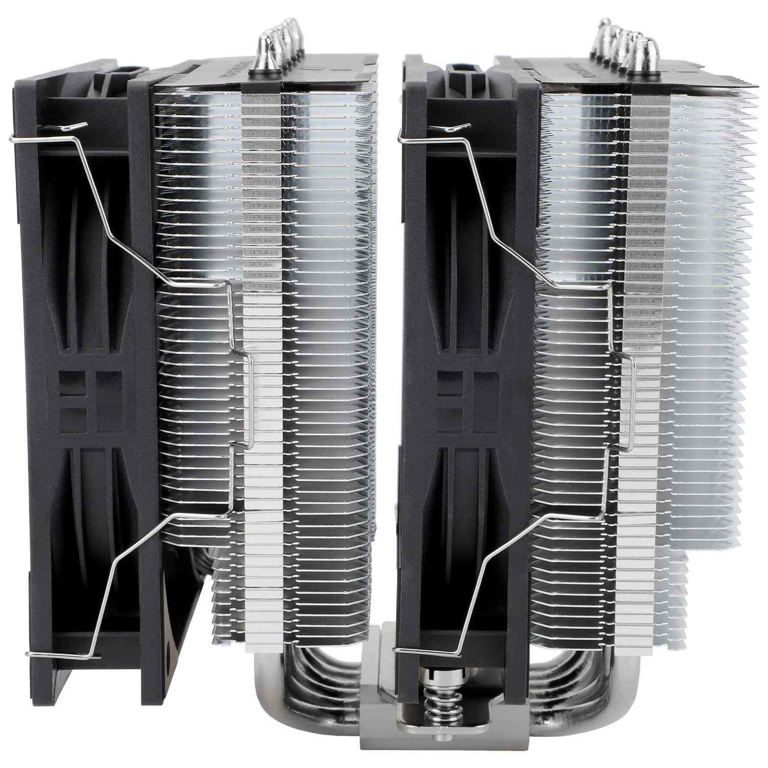 The image shows a black and silver cooling product with multiple fins, photographed from the front.