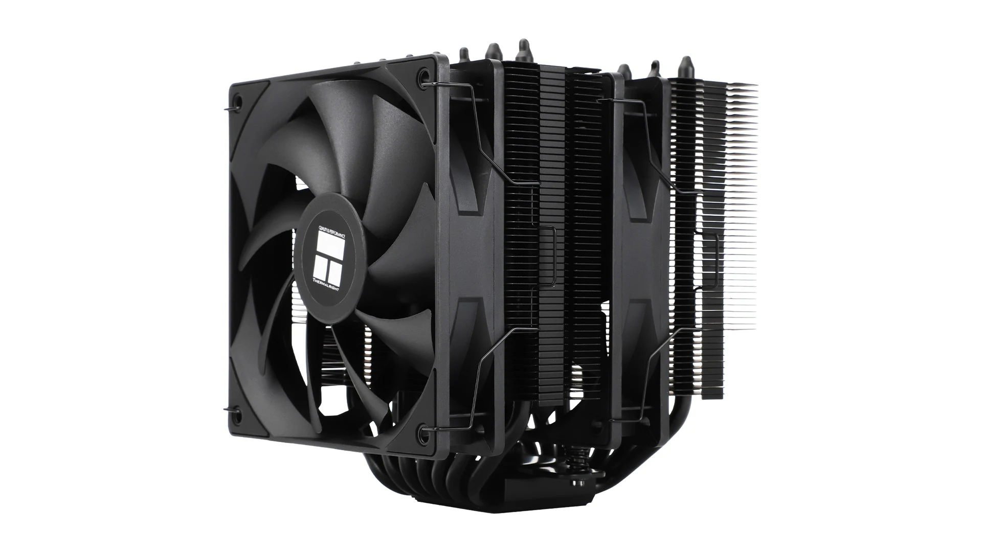 The image shows a black CPU cooler with a large fan and heat sinks, photographed from the front.