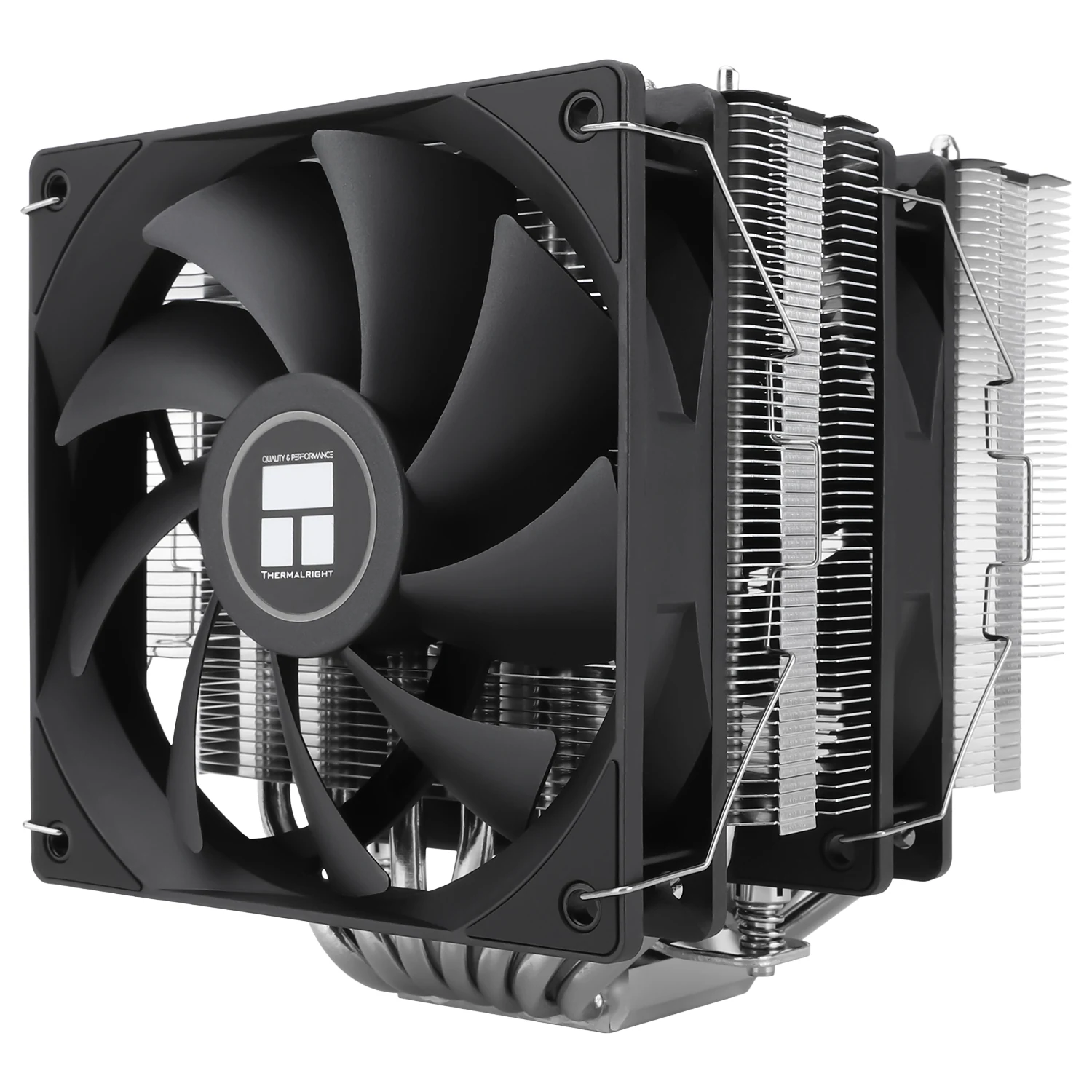 A side profile of a black CPU cooler with fins and a fan.