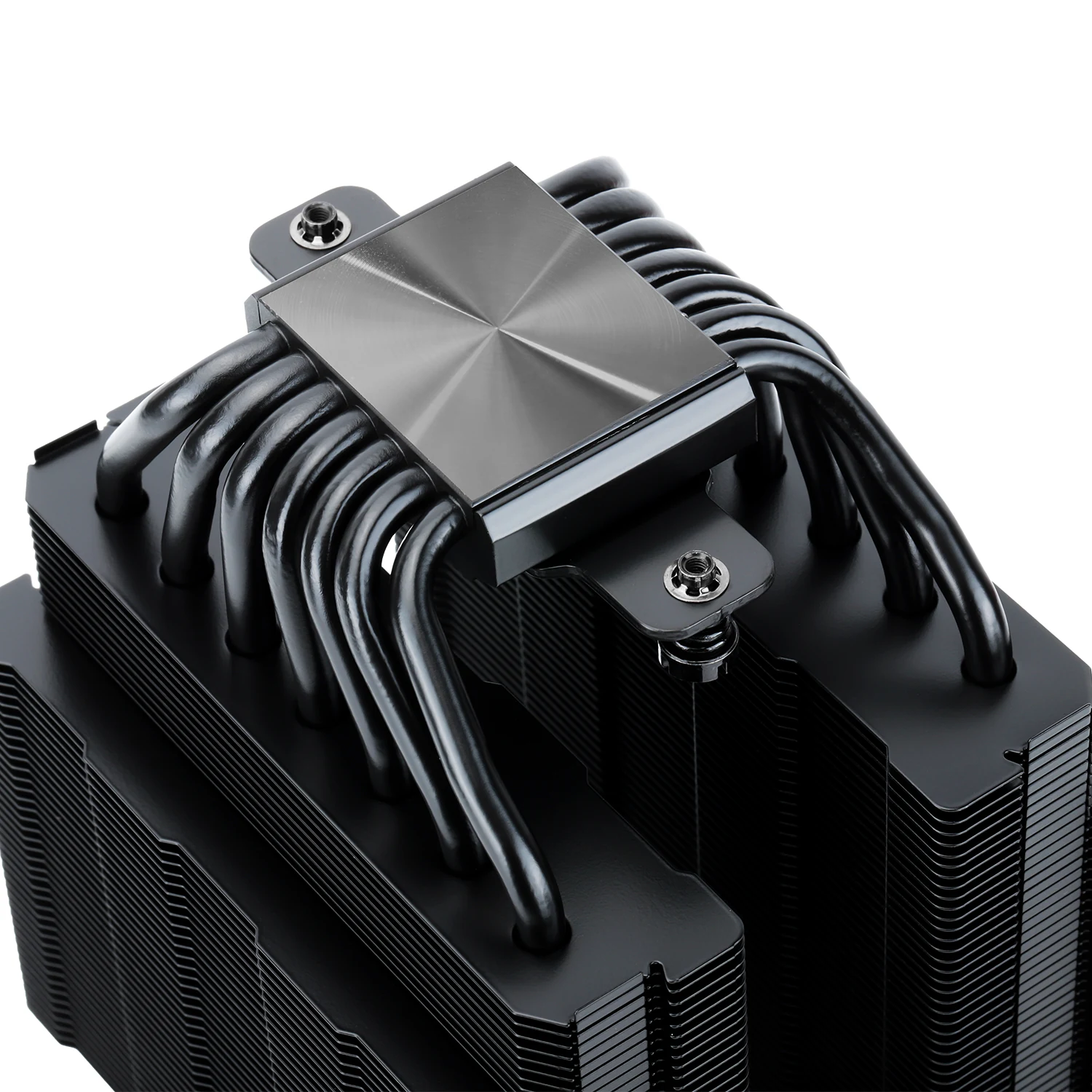 A close-up side profile of a black cooling product with multiple heat pipes and fins.