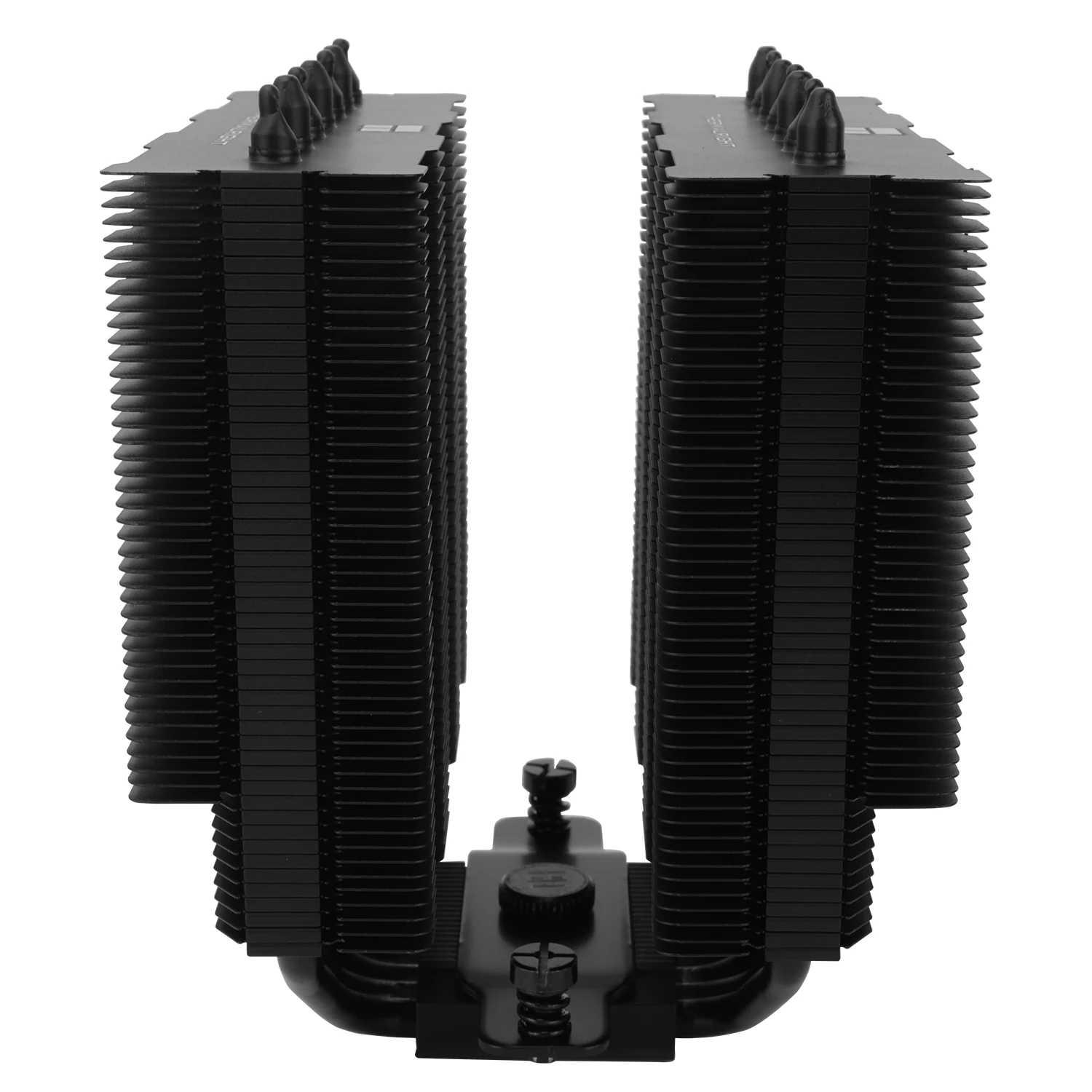 Two black cooling fins with a mounting bracket in the foreground.