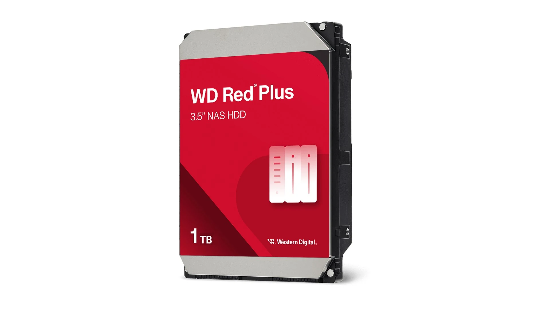 A WD Red Plus 3.5" NAS HDD in a top-down view, showing its label and capacity.