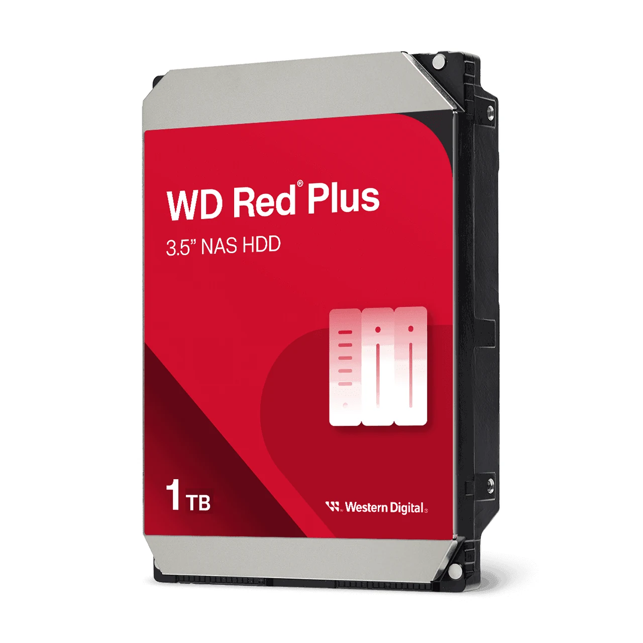A close-up of a WD Red Plus 3.5" NAS HDD in black and red, with the label prominently displaying '1TB' at the bottom.