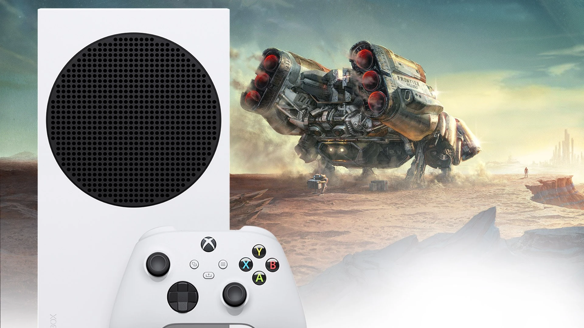The Xbox Series S console and controller are displayed in a three-quarter angle against a sci-fi background featuring a large mechanical vehicle.