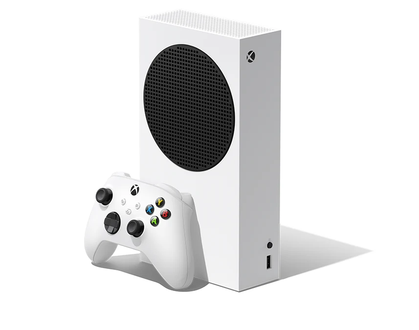 The Xbox Series S console and controller are shown in a side profile, with the console's front face partially visible.