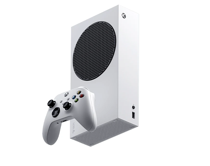 A white Xbox Series S console with a matching controller, photographed from the front.