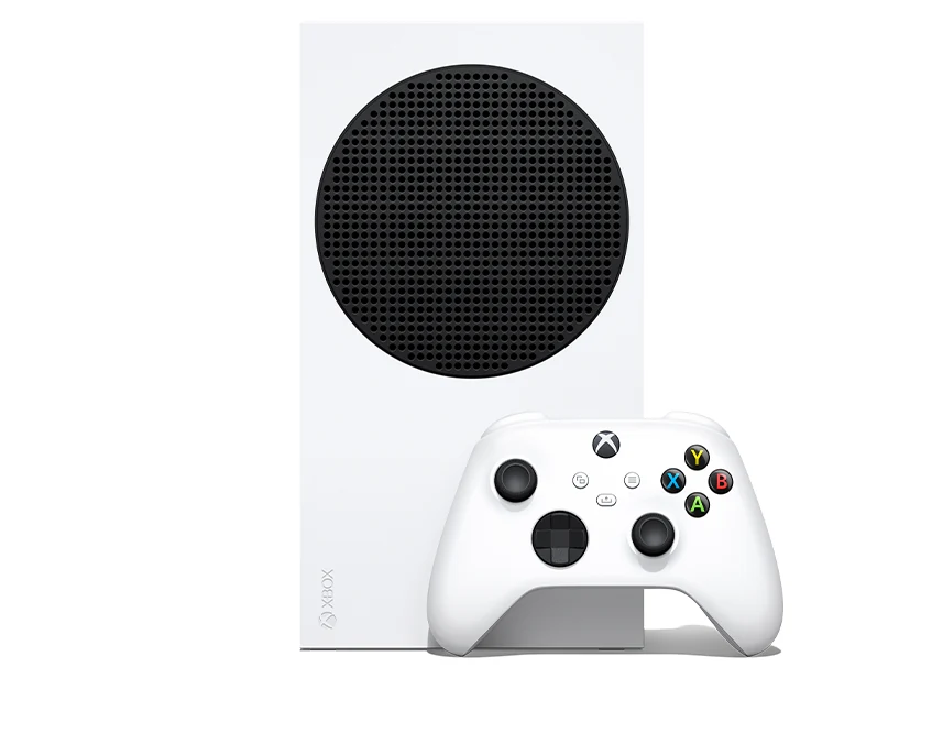 The Xbox Series S console is shown in a side profile with its controller placed in front of it, highlighting the console's design and the controller's layout.