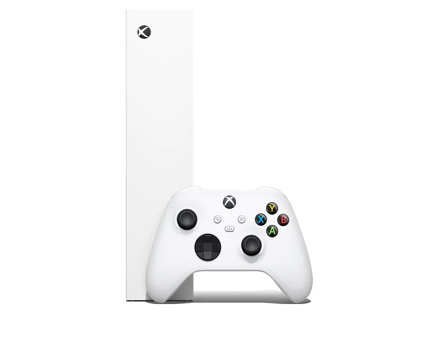The Xbox Series S console and its controller are shown in a top-down view, highlighting the white color of both.