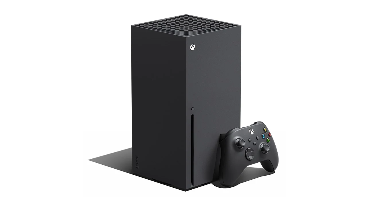 The Xbox Series X console is shown in a three-quarter angle with its controller resting on the side, both black and textured.