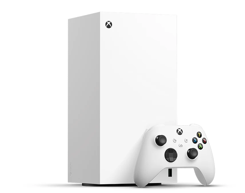 The Xbox Series X console and controller are shown in a three-quarter angle, highlighting the console's sleek white design with black accents.