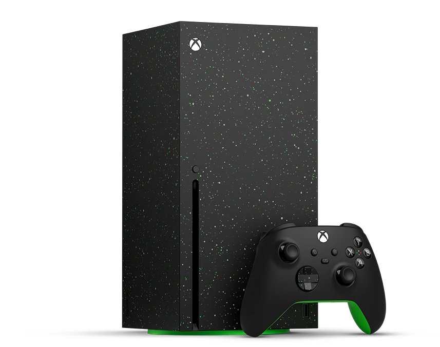 The Xbox Series X console and controller are shown in a side profile with the console's textured surface prominently displayed.
