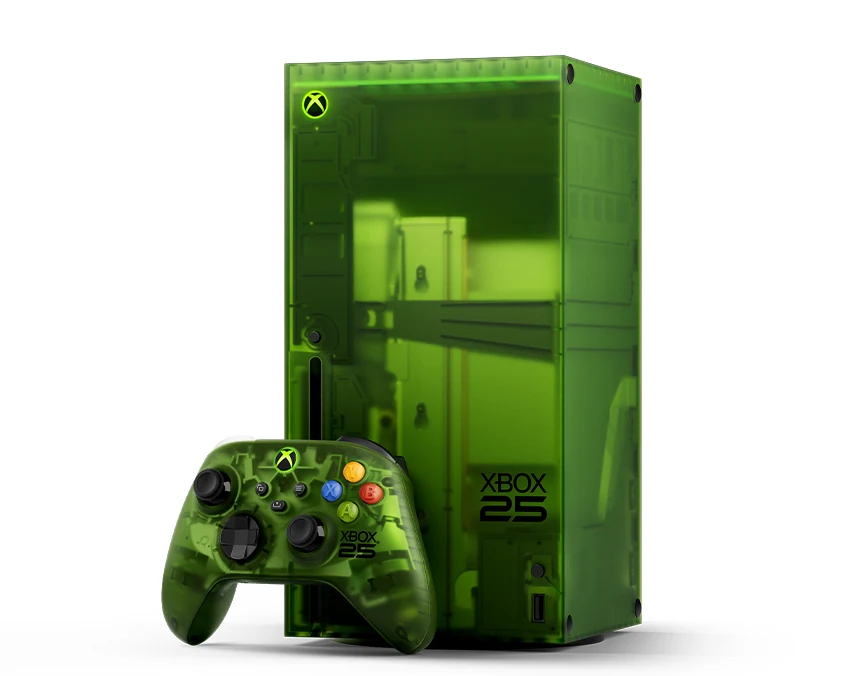 The Xbox Series X in a transparent green finish, shown from the front with its controller.
