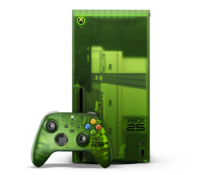 A green Xbox Series X console and matching controller with 'XBOX 25' text on the side, photographed from a three-quarter angle.
