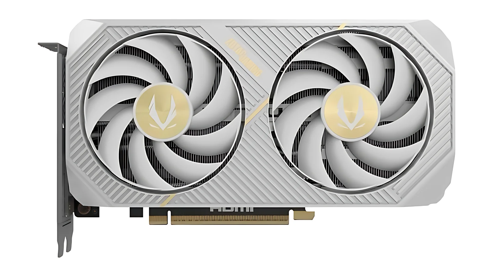 The product is a white Zotac Gaming GeForce RTX 5060 Ti Twin Edge OC White Edition graphics card, photographed from the front with two cooling fans prominently displayed.