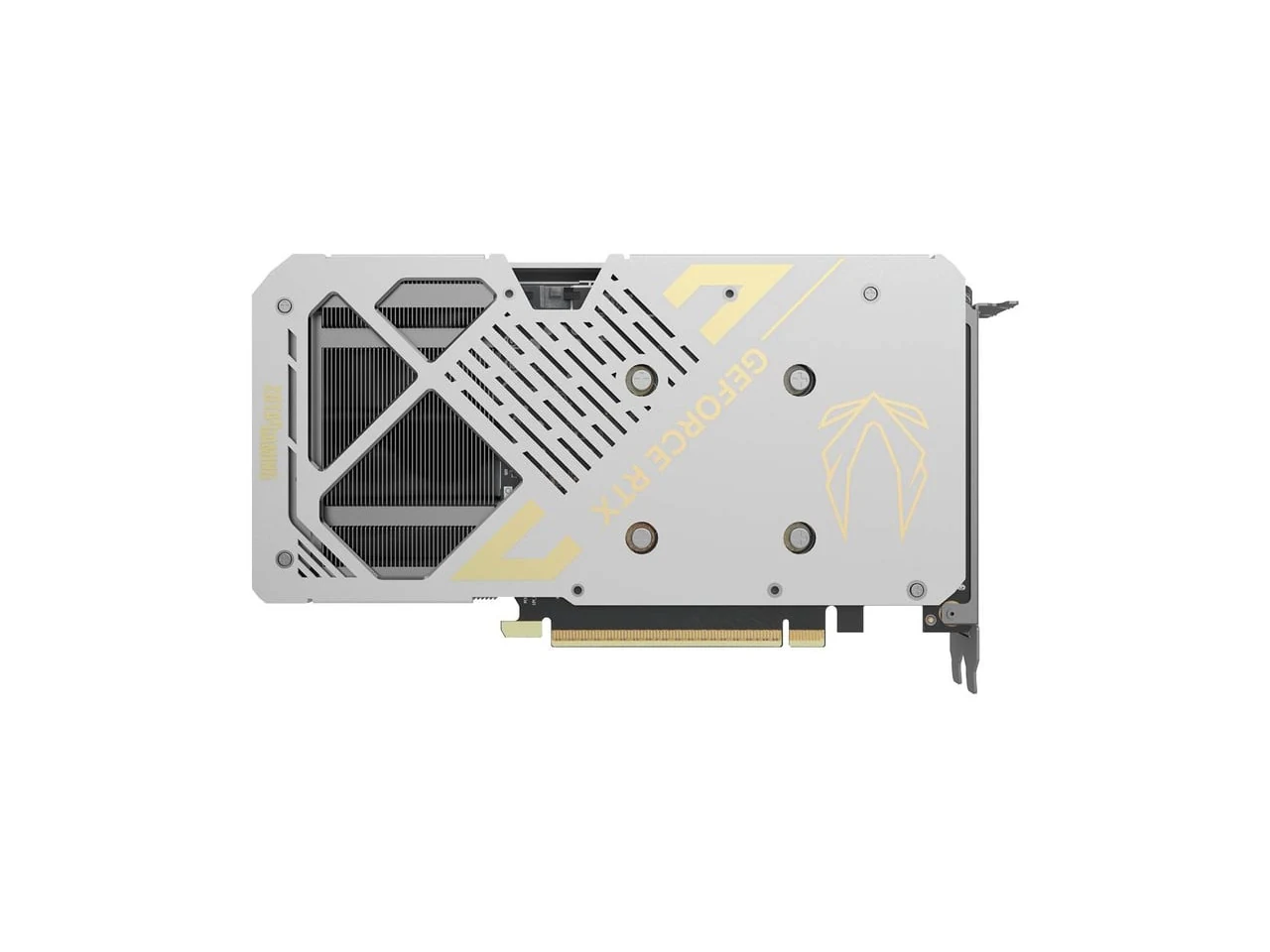The product is shown in a side profile with a white finish and yellow accents, featuring the Zotac Gaming logo.