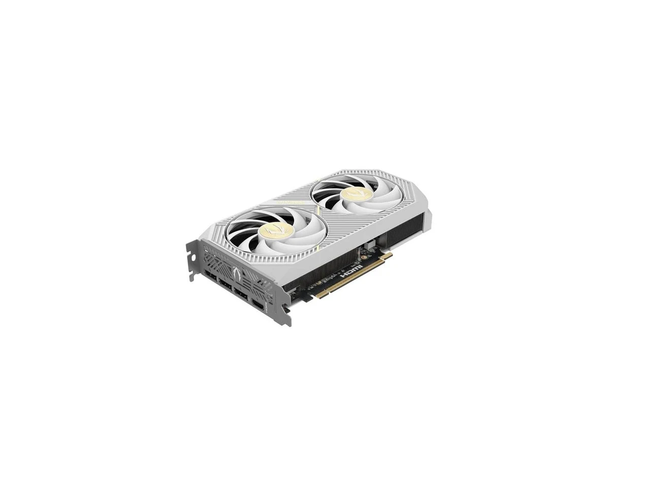 The product is a white Zotac Gaming GeForce RTX 5060 Ti Twin Edge OC White Edition graphics card, photographed from a three-quarter angle with visible cooling fans and ports.