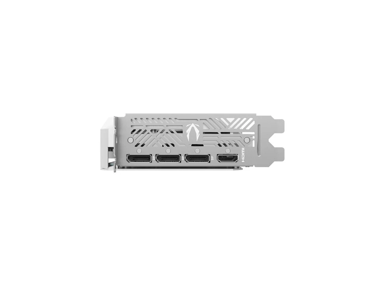 The image shows a white graphics card photographed from behind, highlighting its rear panel with multiple ports and the ZOTAC Gaming logo.