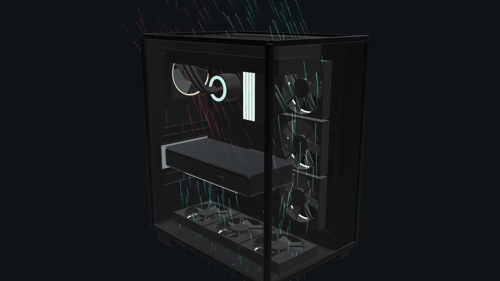 3D PC case with fan slots. Air streaks show where the air goes. Drag to rotate, click a slot to change its fan.