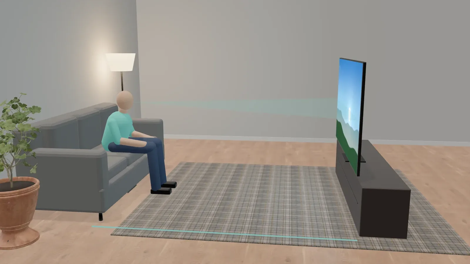3D living room: drag the TV along the floor to change the viewing distance.